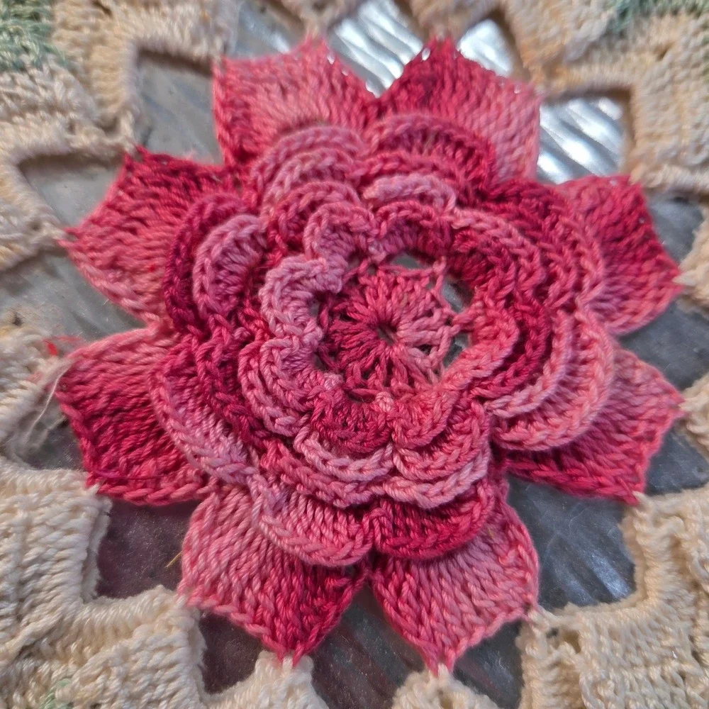 Vintage Handmade Crochet Hot Pad 3D Rose Flower Trivet Pink Green 6.5 Inch